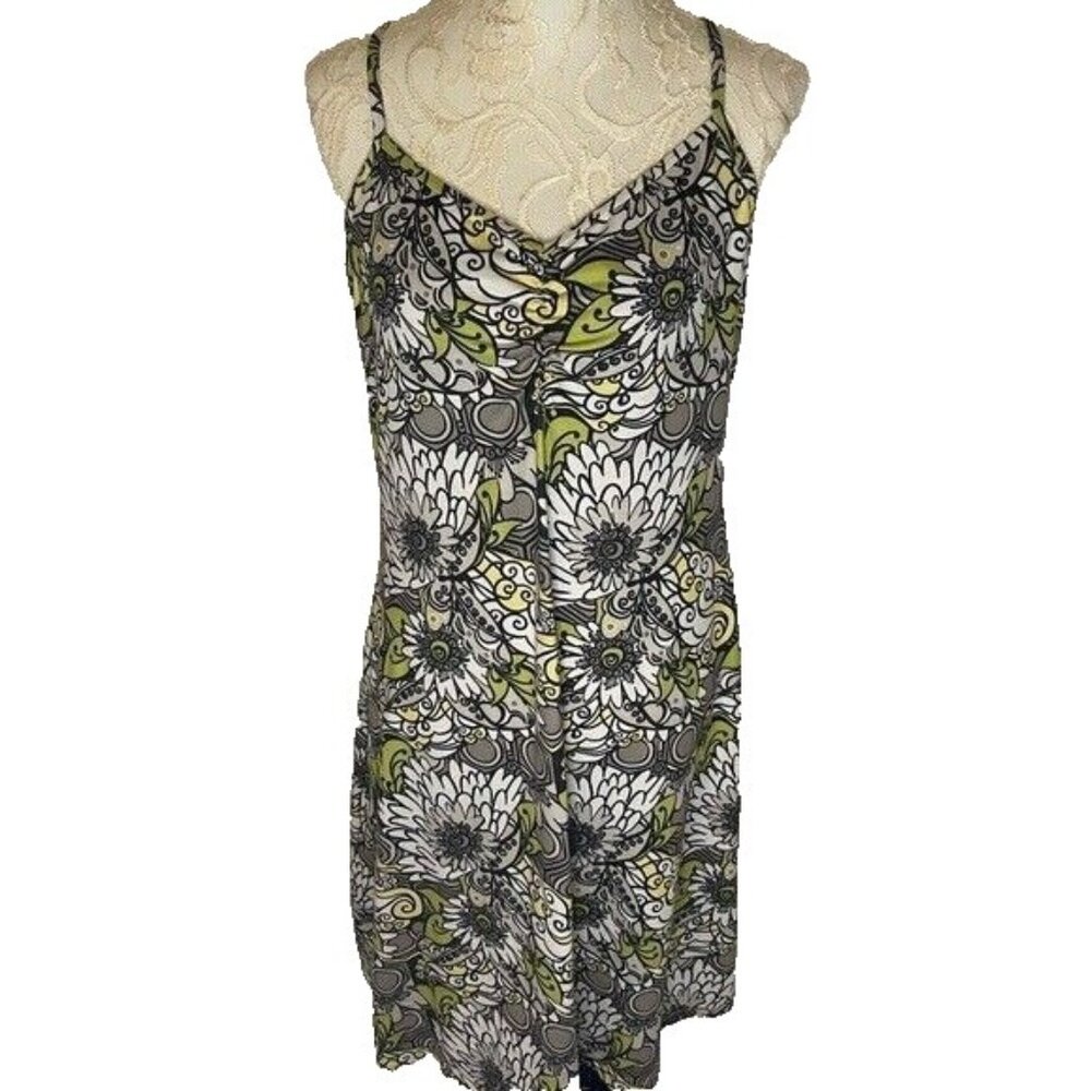 prAna sz XL Summer Stretchy Dress Green Gray White Floral Geometric Racer